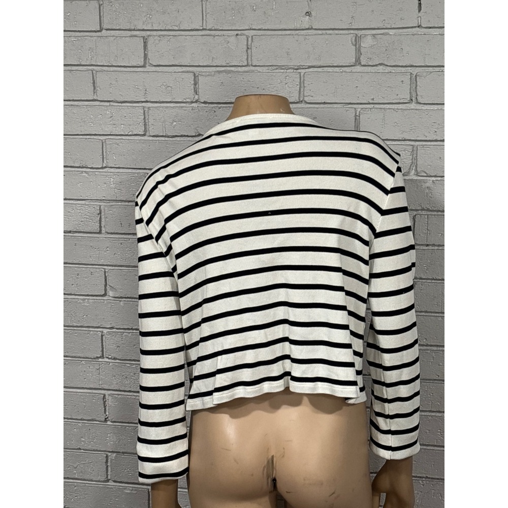 LOFT Women's Striped Knit Cardigan Gold Button Front Black White Size L - Picture 3 of 7